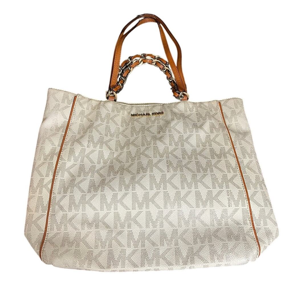 MICHAEL KORS HARPER VANILLA WHITE PVC CHAIN TOTE HAND BAG PURSE Gold Trim Nice